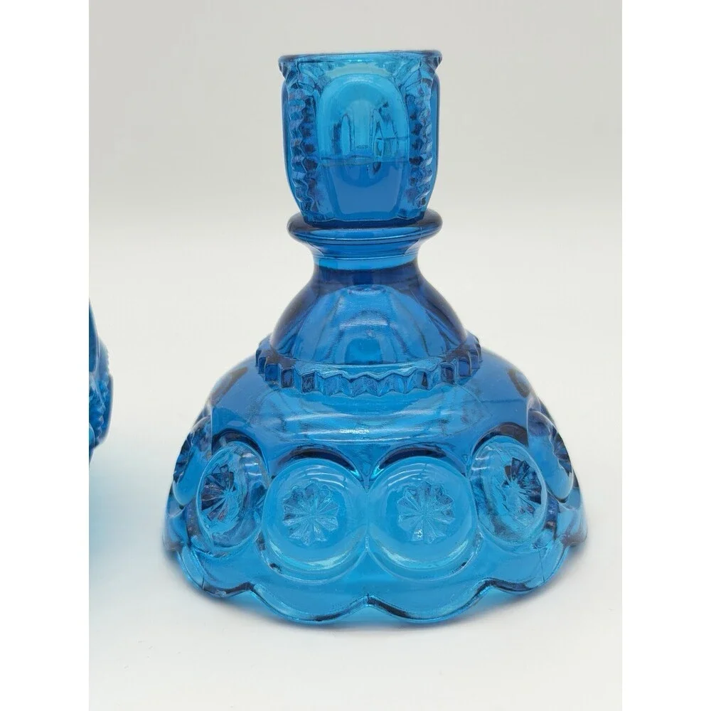 MCM LE Smith Moon & Stars Art glass basket & Candleholder colonial blue Set